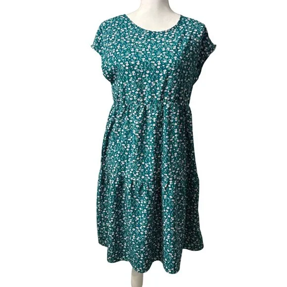 Emery Rose Teal Green Cottagecore Floral Midi Bohemian Dress W/ Short Sleeves M - Picture 1 of 9
